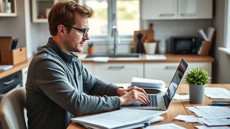 A man works intently on a laptop at a wooden kitchen table, surrounded by papers. A potted plant adds a touch of greenery. The scene looks focused and productive.