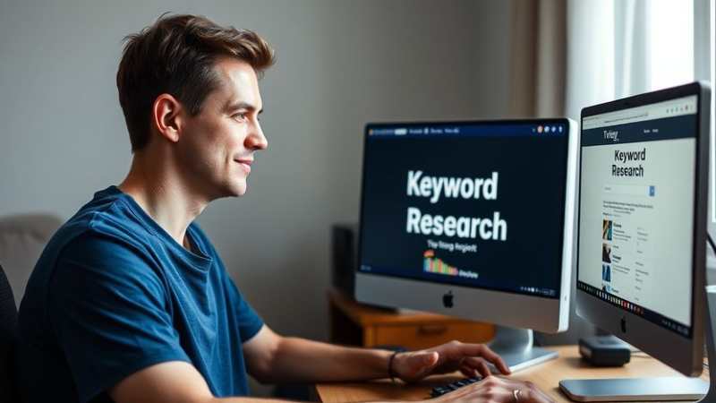 Man in a blue shirt sits at a desk, focused on two computer screens displaying "Keyword Research." The setting conveys concentration and productivity.