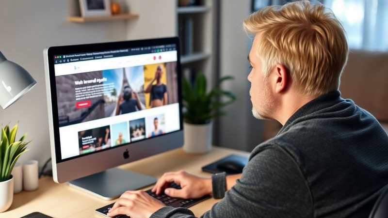 A person with blonde hair uses a desktop computer at a home office. The screen shows a website with various articles. The setting appears calm and focused.