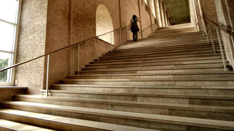 "Ascending grand staircase with a solitary figure, framed by arched windows."