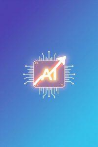 A glowing microchip with "AI" on it and an upward arrow, symbolizing growth, on a gradient blue to purple background, conveying technological advancement.