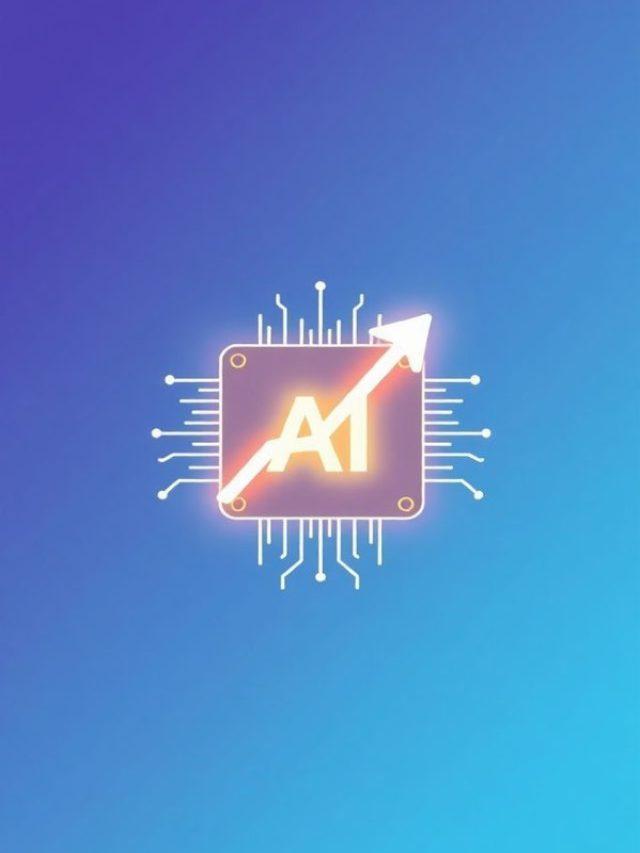 A glowing microchip with "AI" on it and an upward arrow, symbolizing growth, on a gradient blue to purple background, conveying technological advancement.