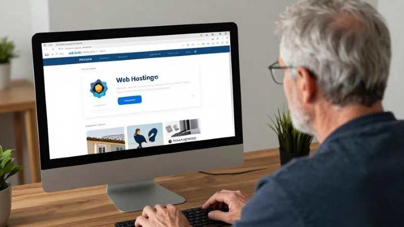 A man with glasses sits at a wooden desk, viewing a website on web hosting on a desktop computer. The room has a calm, focused atmosphere.