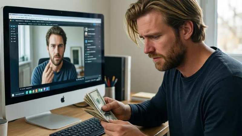 A man sits at a desk counting money while looking at his computer screen displaying a video call. He appears concerned and focused.