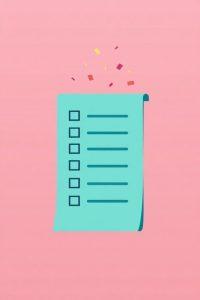 A turquoise checklist with six empty boxes on a pink background. Colorful confetti appears above, conveying a celebratory tone.