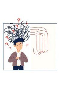 Cartoon man with a puzzled expression, surrounded by tangled lines and question marks. Adjacent, simplified lines suggest problem solving. Emotive, thoughtful.