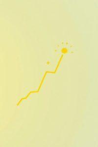 A jagged, upward yellow line against a pale yellow background ends in a bright sunburst, conveying growth and optimism. There's a small star next to the line.