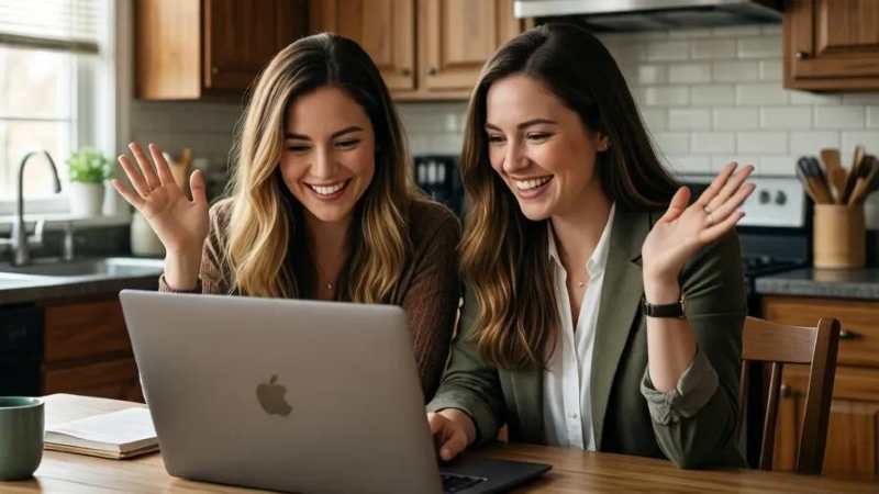 Two women smiling and waving at a laptop in a cozy kitchen setting, suggesting a video call. The mood is cheerful and friendly.