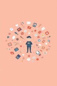 Illustration of a person surrounded by various app icons on a peach background, symbolizing digital overload. The mood is busy yet overwhelmed.