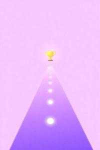 A glowing yellow trophy sits at the end of a pastel purple pathway, lined with evenly spaced white dots, set against a soft pink background.